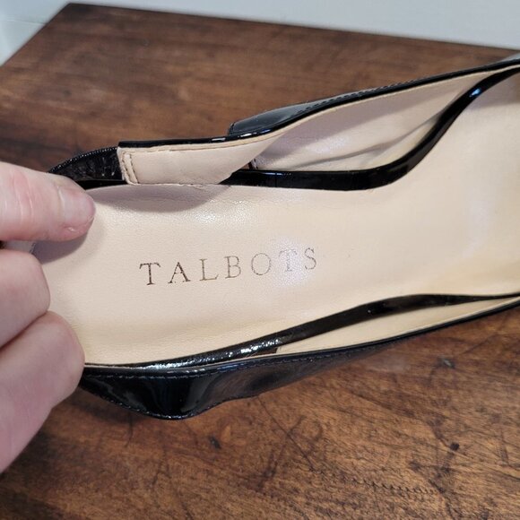 Talbots Black Patent Peep Toe Bow Elastic Heel Strap 4.25" Heels Women's sz 9M. - Picture 9 of 10